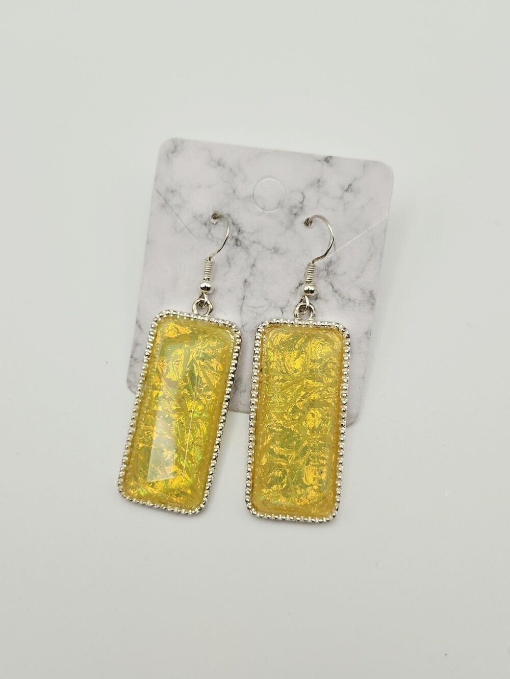 Yellow Iridescent Rectangle Drop Earrings With 925 Stering Hooks - Picture 14 of 14